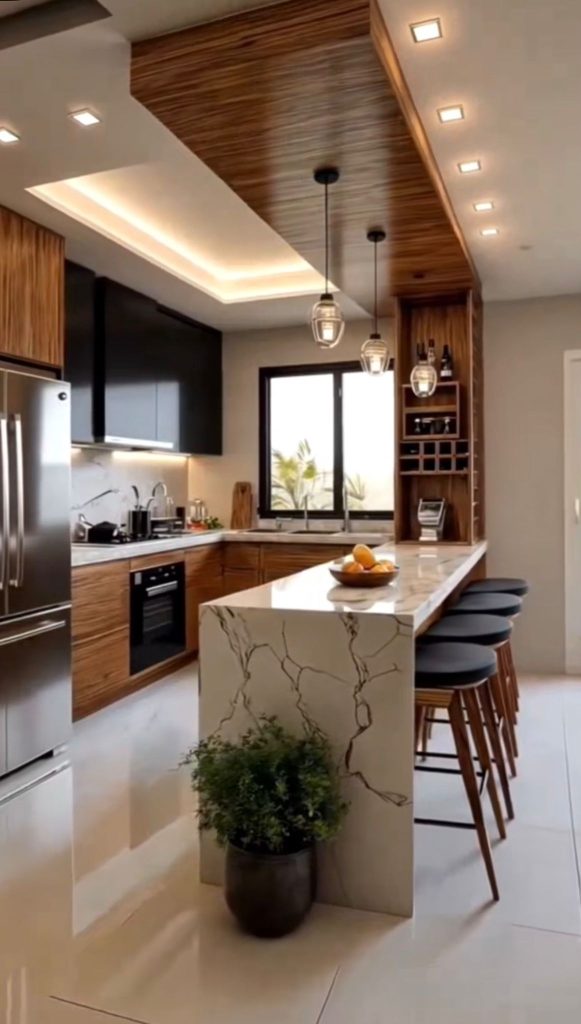 Kitchen with wood cabinets and a stone island